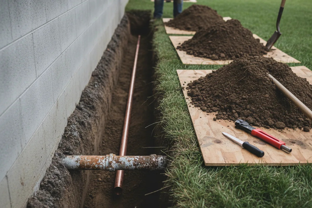 Excavated water line trench during Sewer Line Repair in Harwich
